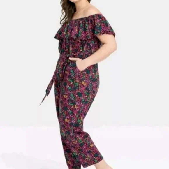 3X Women Floral Off the Shoulder Jumpsuit Romper Baggy Fit - Picture 2 of 9